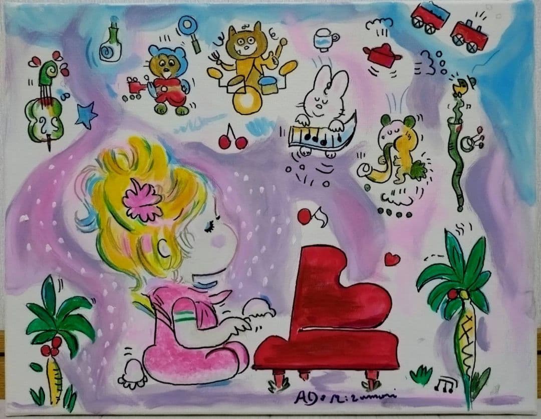 F6号】水森亜土 手描き作品/表裏サイン・裏描き有/油彩/アクリル/額縁