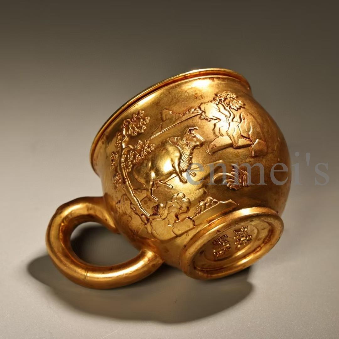 中国古美術・旧蔵純銅製・鎏金浮彫茶杯一対・細密彫・純手作り・