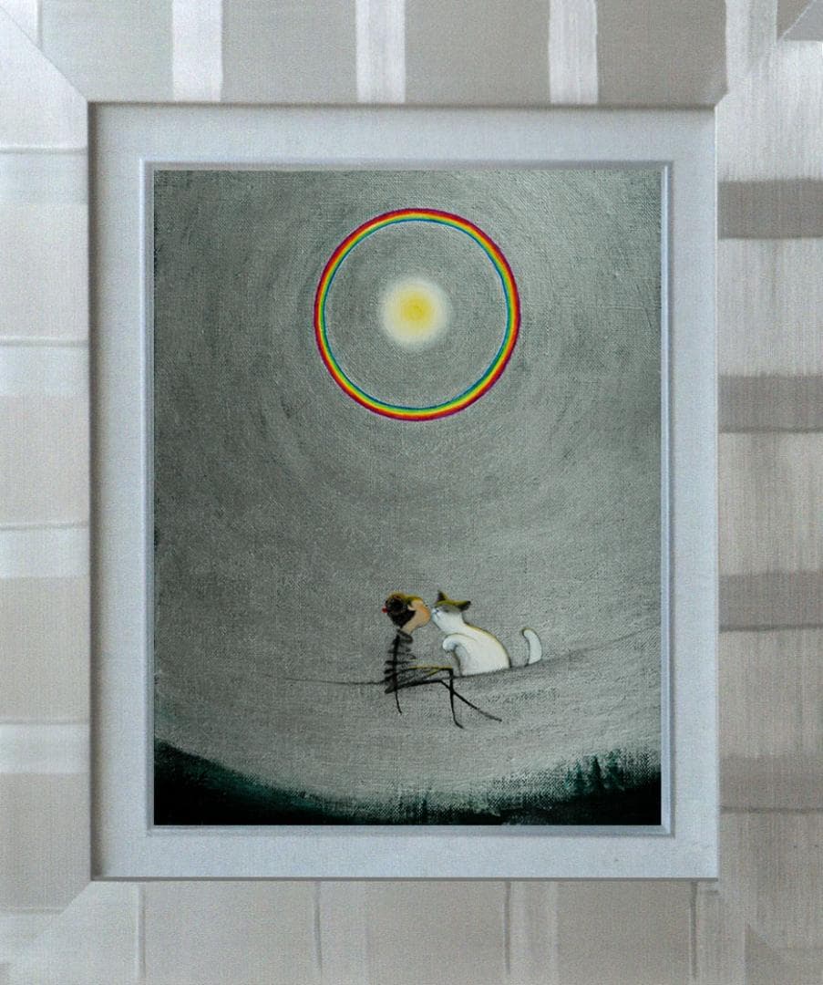 油絵 菅家令子絵 絵画インテリア額付(青緑＋金色の枠)F3-031019猫女の子