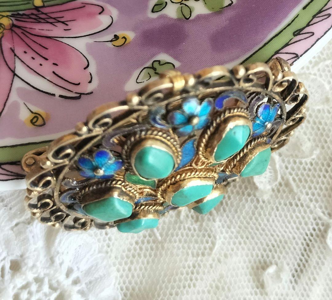 中国七宝 ターコイズ ブルーエナメルフラワーブローチ兼ペンダント