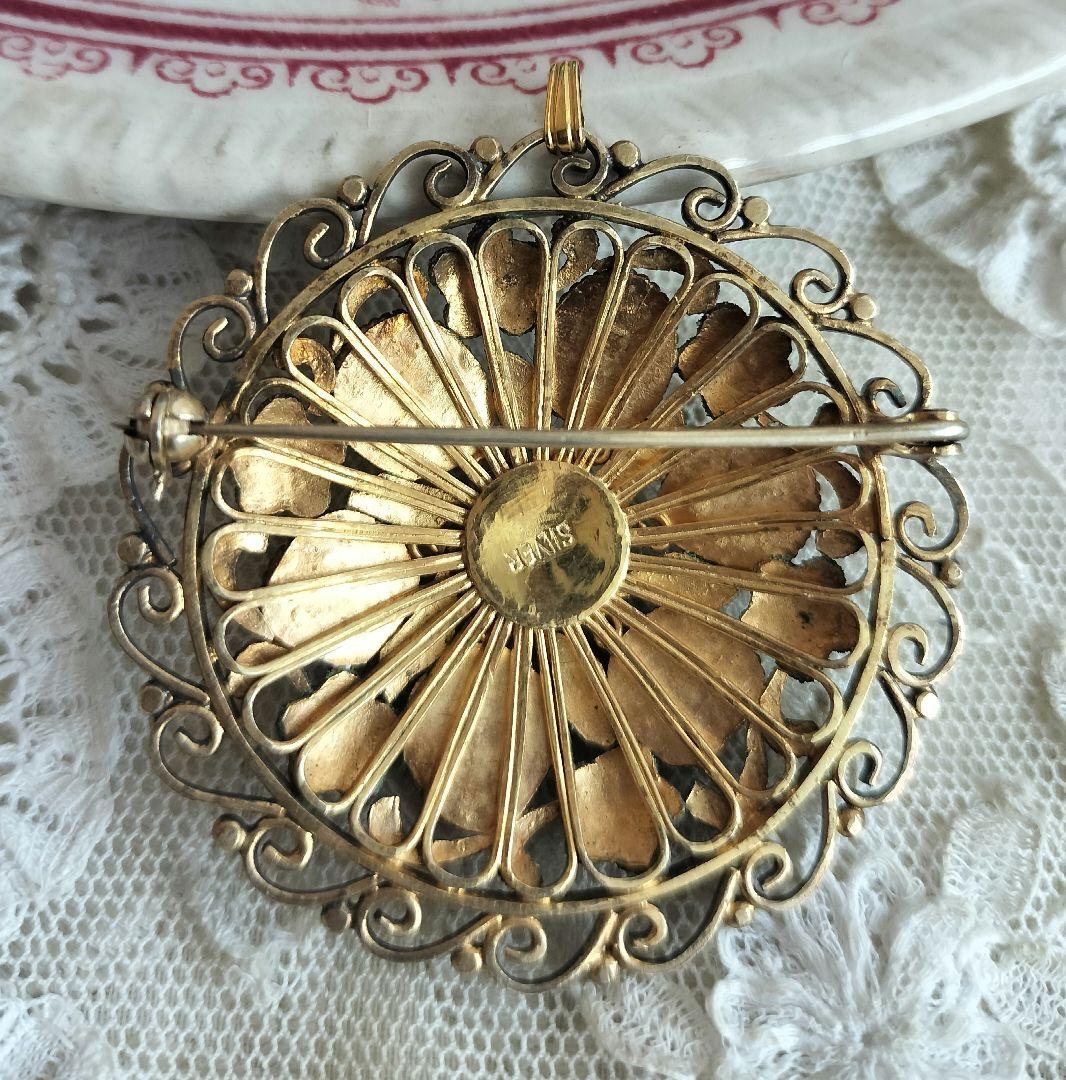 中国七宝 ターコイズ ブルーエナメルフラワーブローチ兼ペンダント