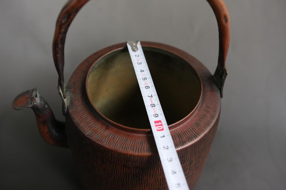 希少 槌目加工、打ち出し紋様入り銅製ヤカン 茶道 薬缶 やかん