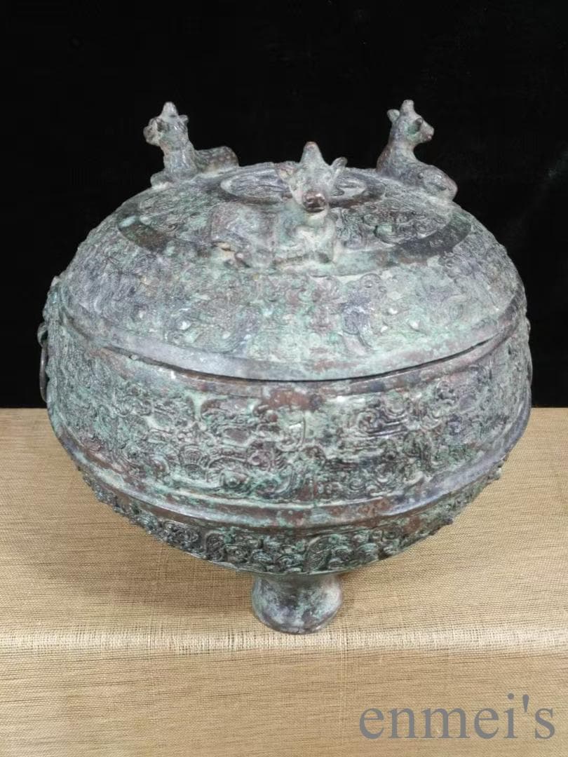 中国古美術 春秋 青銅器 三鹿蟠螭紋 円敦 禮器 食器 耳付造形 古美術 供饌器