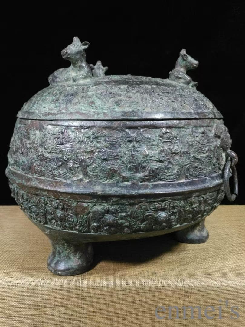 中国古美術 春秋 青銅器 三鹿蟠螭紋 円敦 禮器 食器 耳付造形 古美術 供饌器