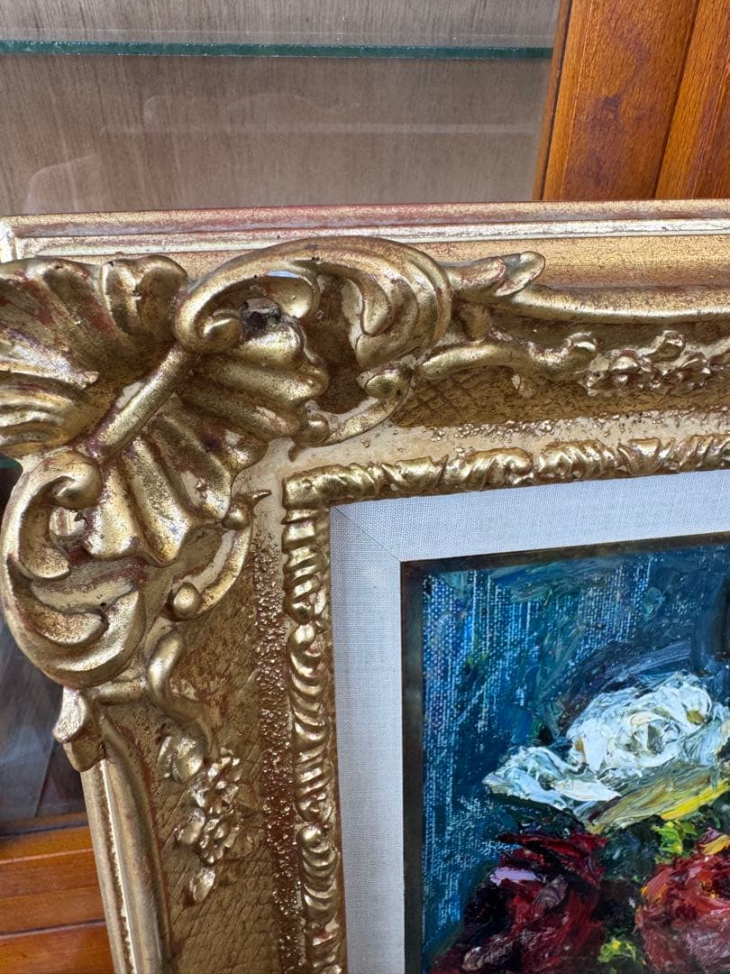 s*a様 花瓶のバラ 油彩画 金色フレーム付き