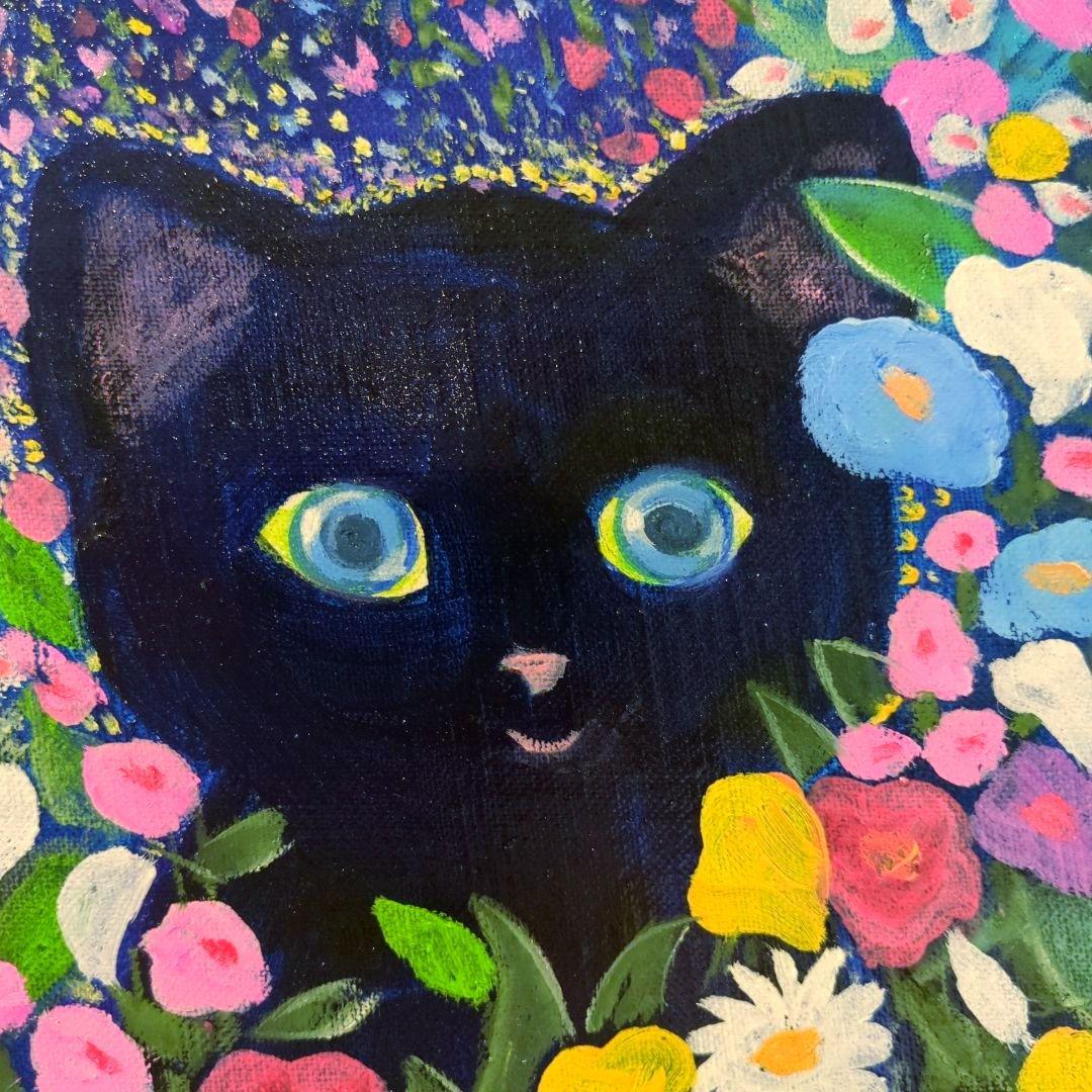 キャンバス油絵 専用 黒猫ガーデン 3 クリムト風フラワーガーデン