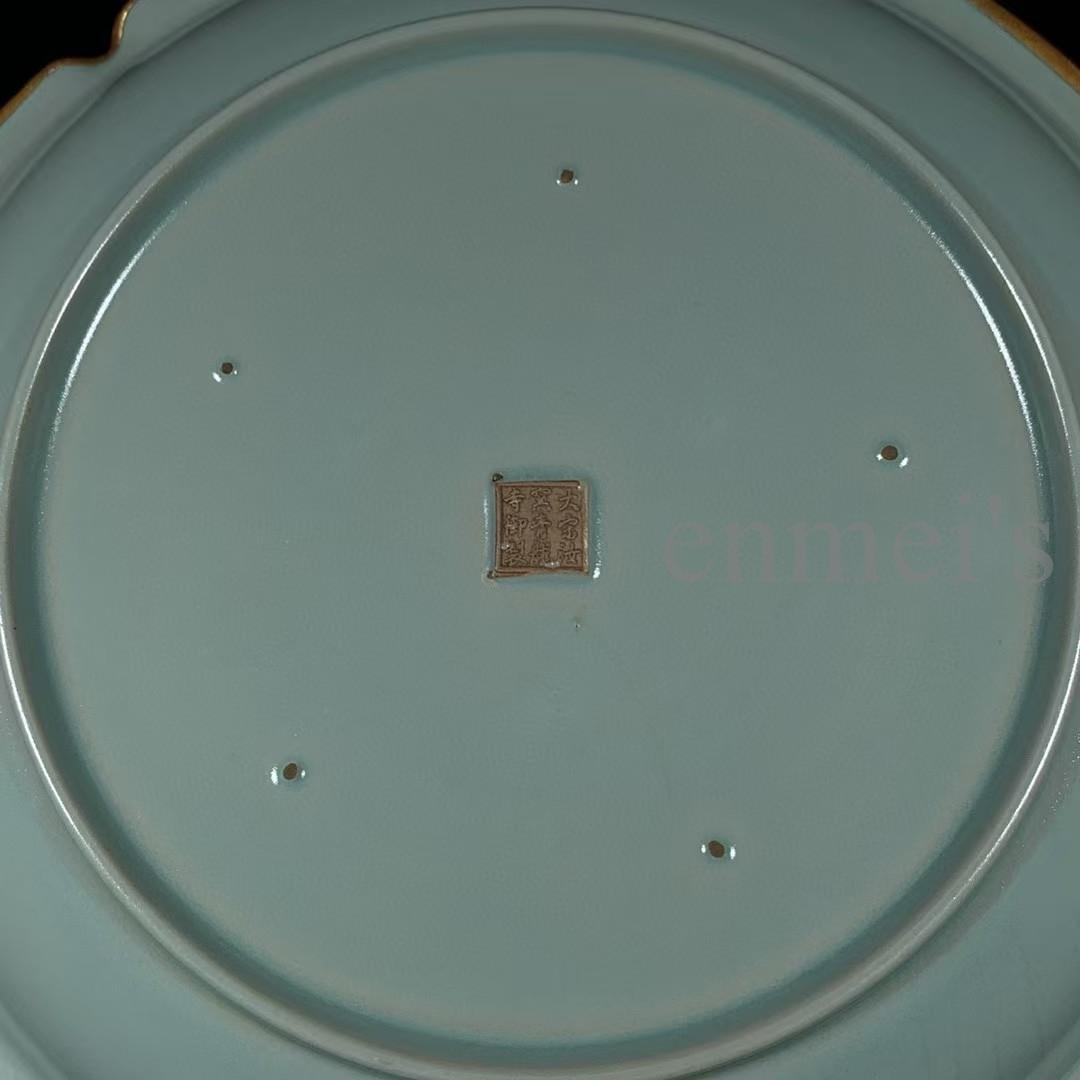 中国古美術・珍品旧蔵・宋代汝窯造花形銘文婦人図皿陶器・