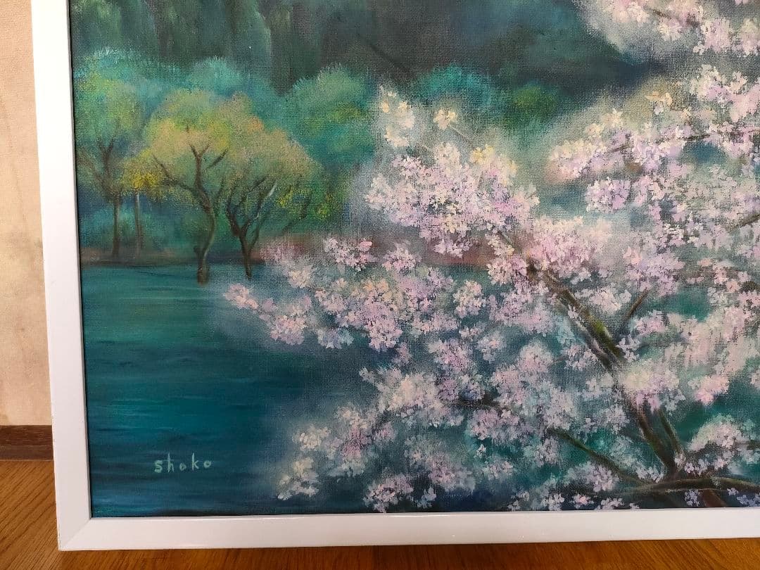 絵画 油彩画 P30号【春の夜明けに輝く月】