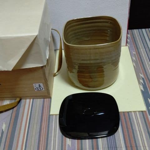 茶道具、水指、高取釉四方、雄斉作、こま33番 美術品・アンティーク