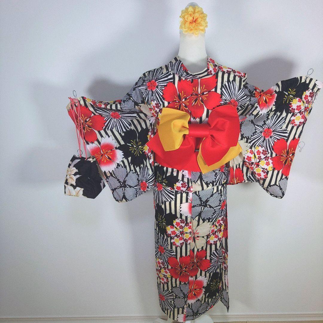 レディース　浴衣　セット　身丈164cm　ストライプ　花柄　作り帯　赤黄　兵児帯