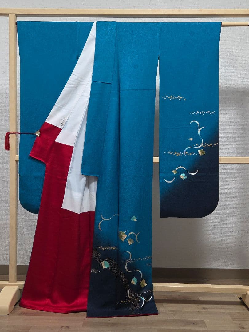 C5◇着物くつろぎ 桜に三日月模様 金銀彩 青緑 袷 正絹 成人式