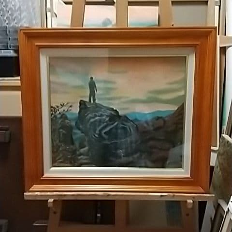 絵画、アクリル画、F8号、妙義山の岩山に立つ男　佐原聖春 絵画、アクリル画、F8号、妙義山の岩山に立つ男 佐原聖春 絵画