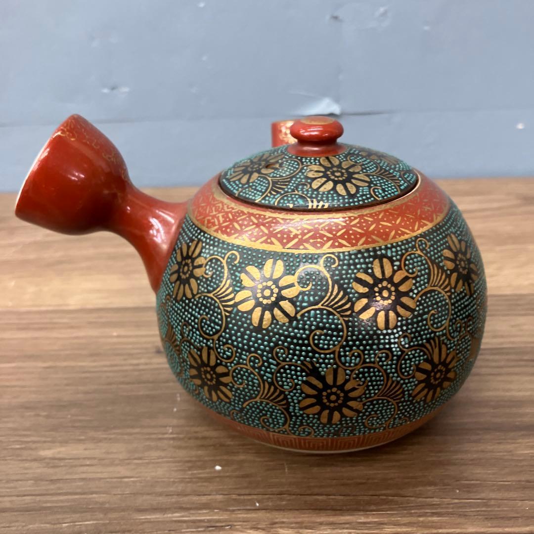 D-4 九谷焼 青粒鉄仙 茶器セット 急須 蓋付湯呑 5客 金彩 伝統工芸品