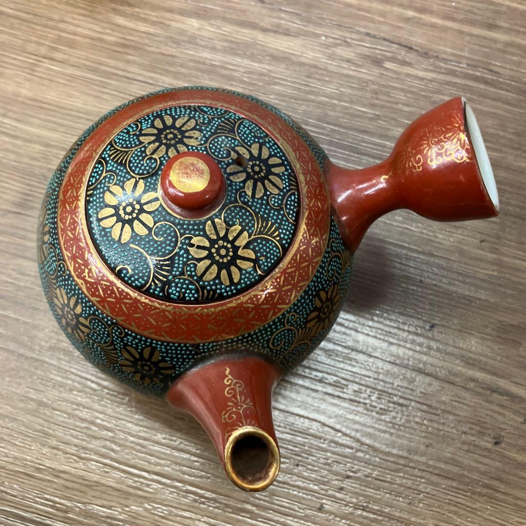 D-4 九谷焼 青粒鉄仙 茶器セット 急須 蓋付湯呑 5客 金彩 伝統工芸品