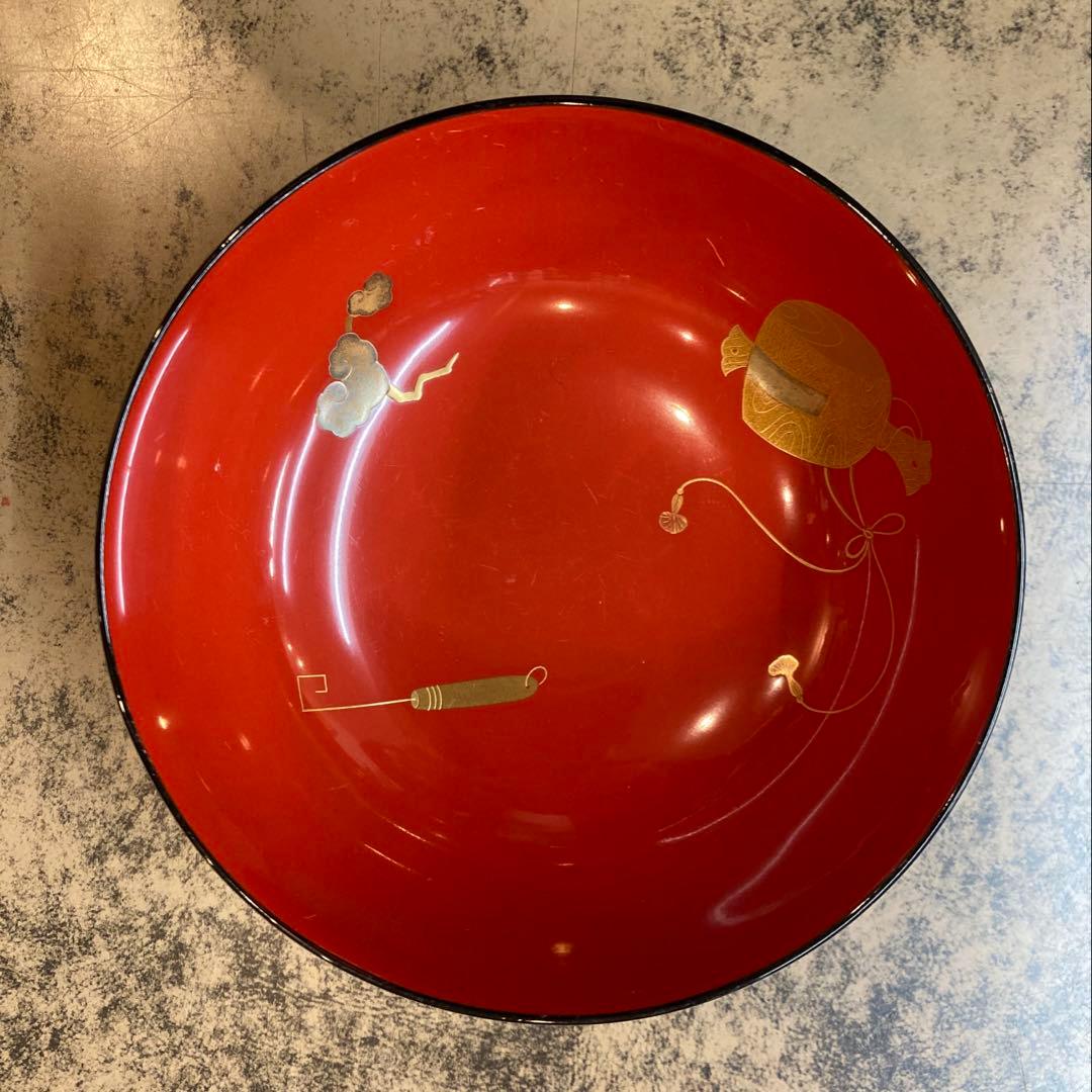 CM361】輪島塗 宝尽くし金蒔絵 朱塗椀 三客 小槌 軍配 霊芝 木製漆器