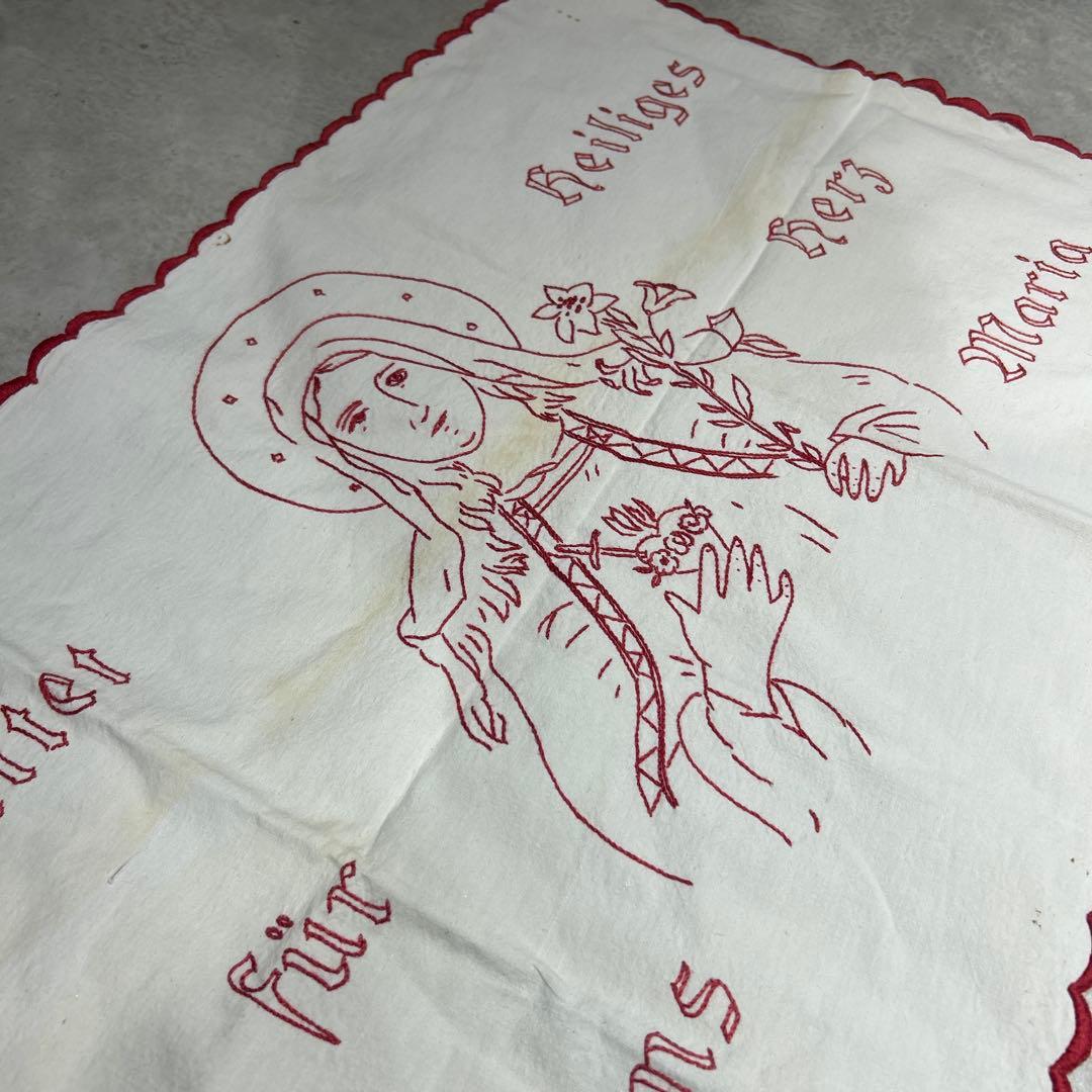 アンティーク仏/独 イエスの聖心 レッドワーク クロシェ編レース