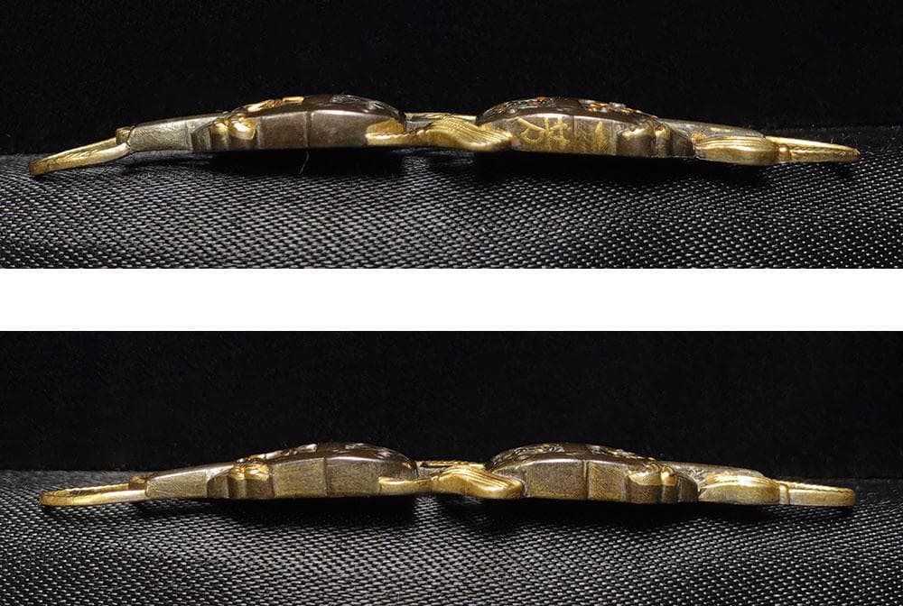 際端銘一芳　四分一地容彫蓬莱香炉図目貫　金象嵌銘　色絵象嵌　千葉元胤？　桐箱入