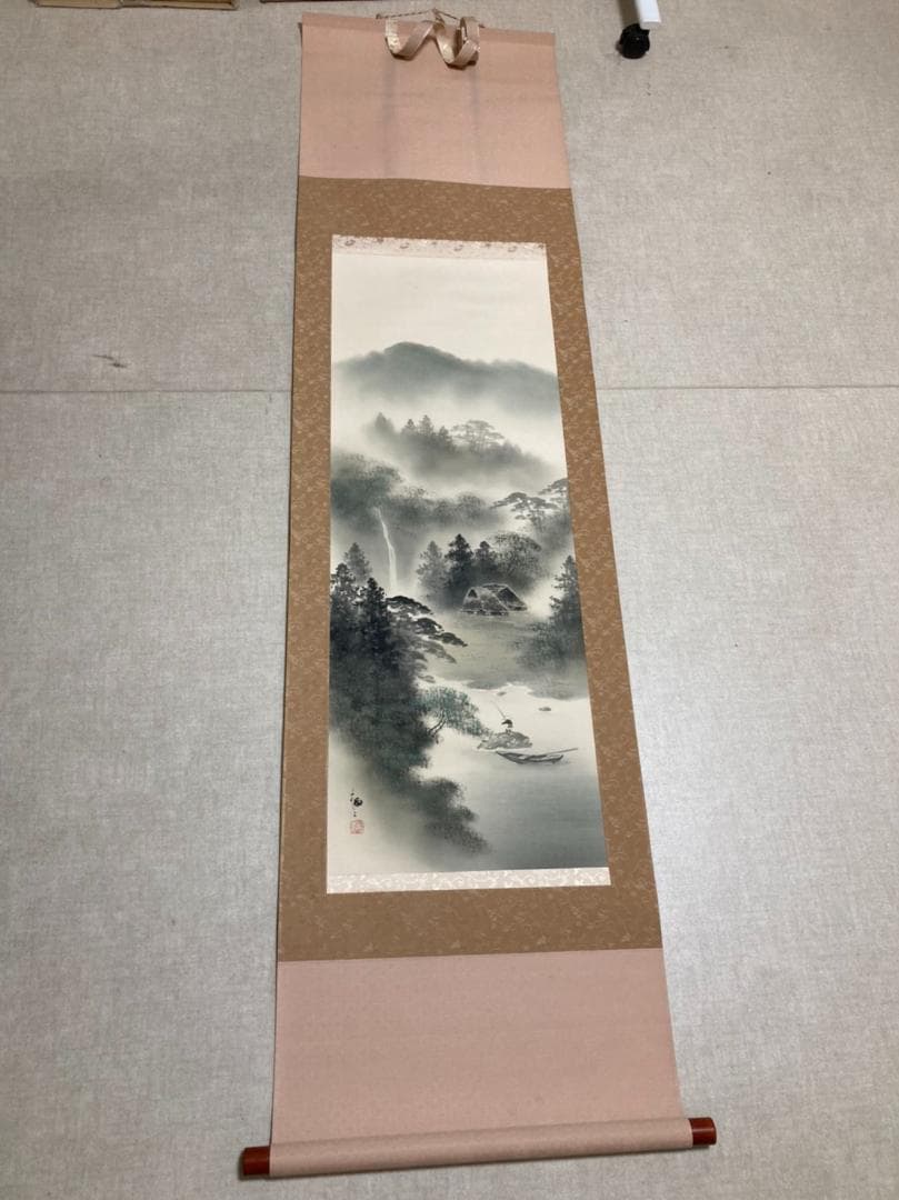 掛軸 渓山流水 塩川栖二画 尺三 彩色山水 掛軸 渓山流水 水面に