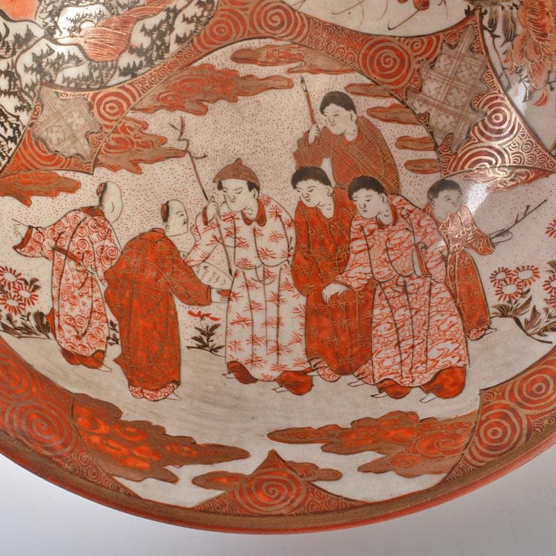 九谷焼 古九谷 赤絵金彩 窓絵 山水人物花文 三ッ組鉢 D