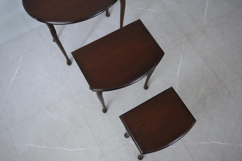 英国アンティーク猫脚ネストテーブル3台/木製机/サイドテーブル(92-238