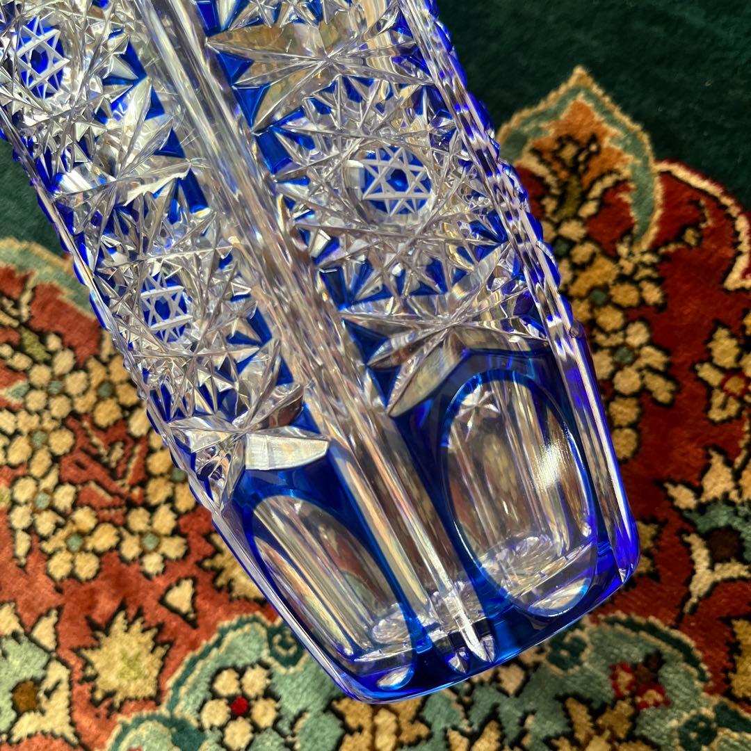 最終値下げ 新品KAMAY カメイガラス 薩摩切子ルリ色被せガラス花瓶