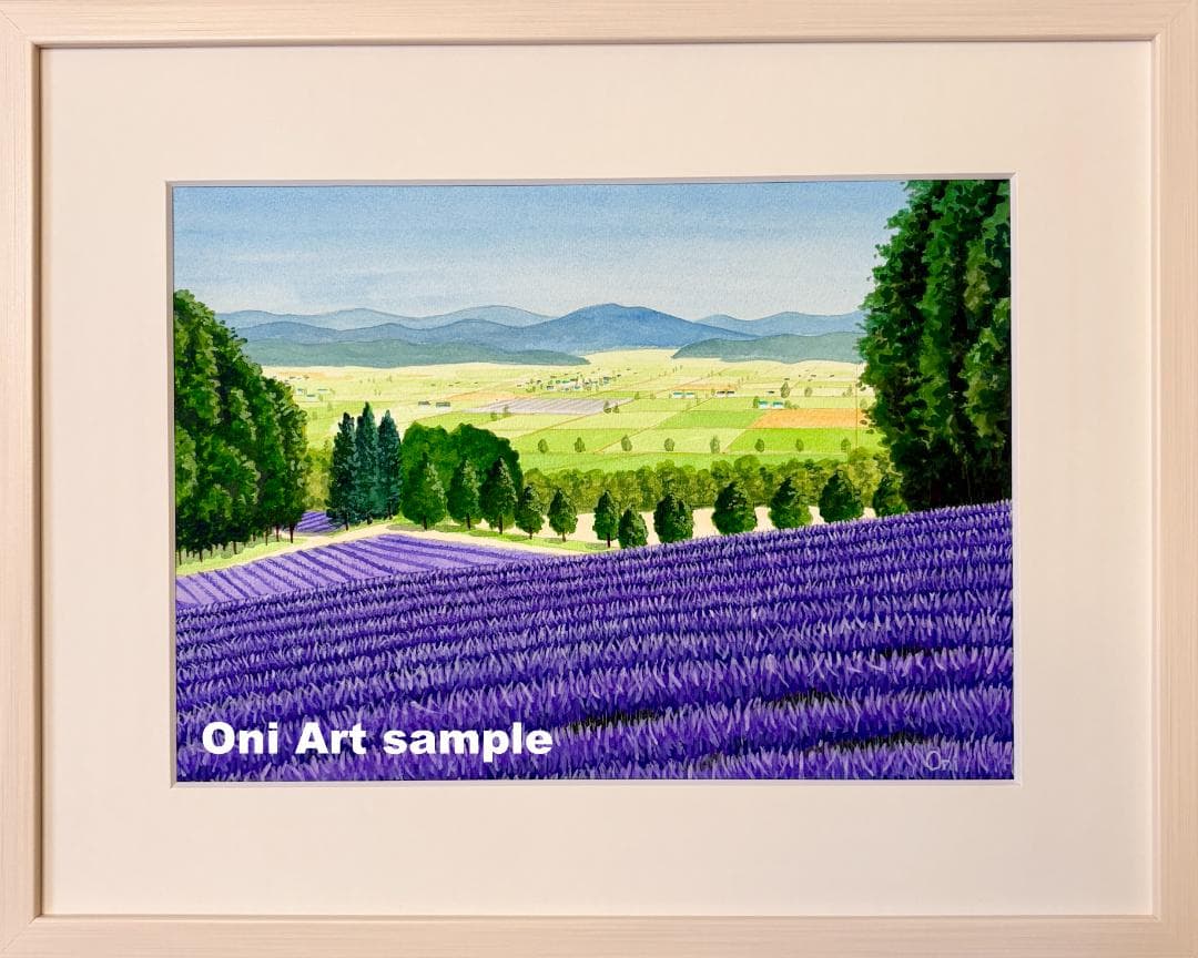 アクリル画　原画　「ラベンダー畑15」額縁付　F４サイズ　風景画