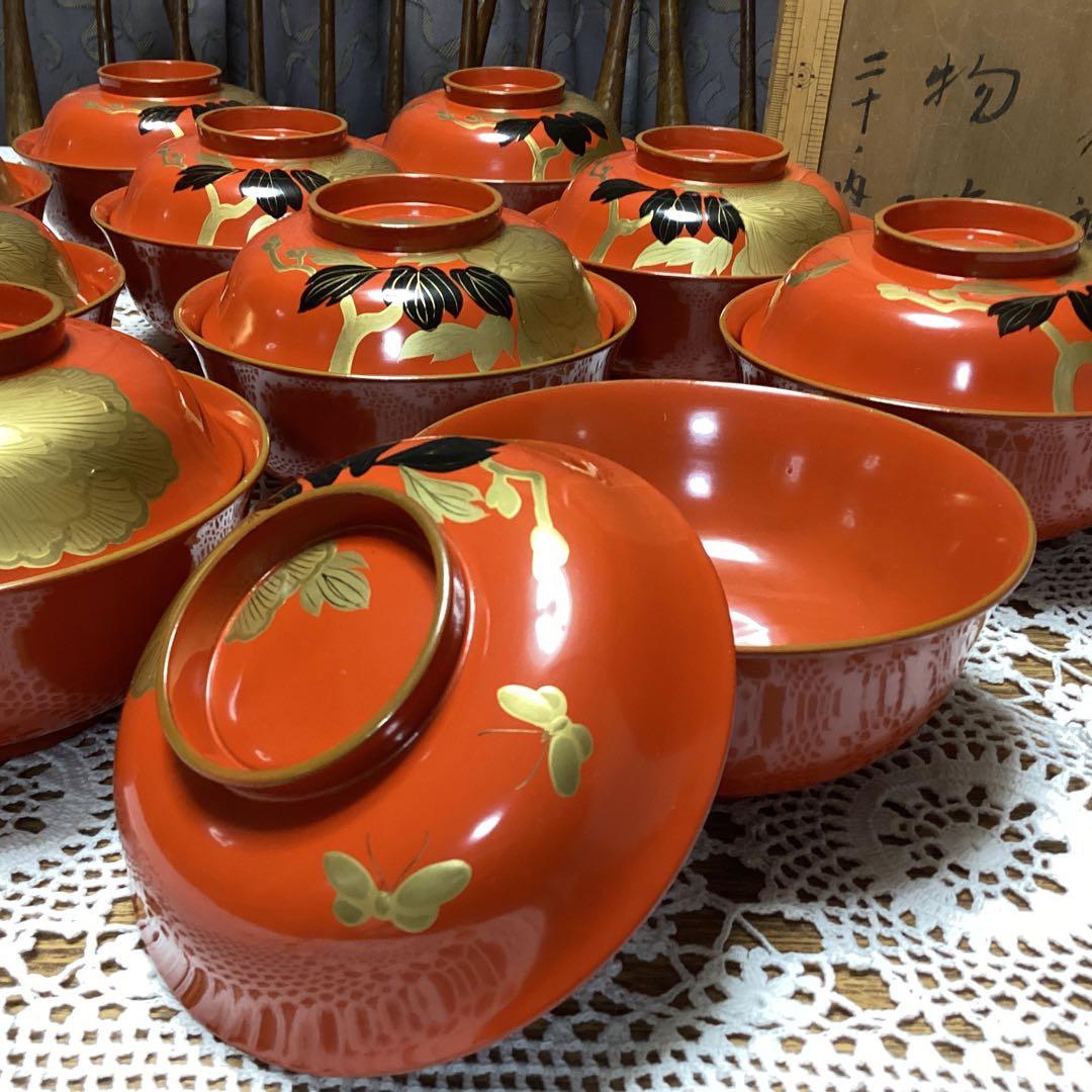 k2f8 朱色 牡丹　蓋付き椀 10客　金色装飾　年代物