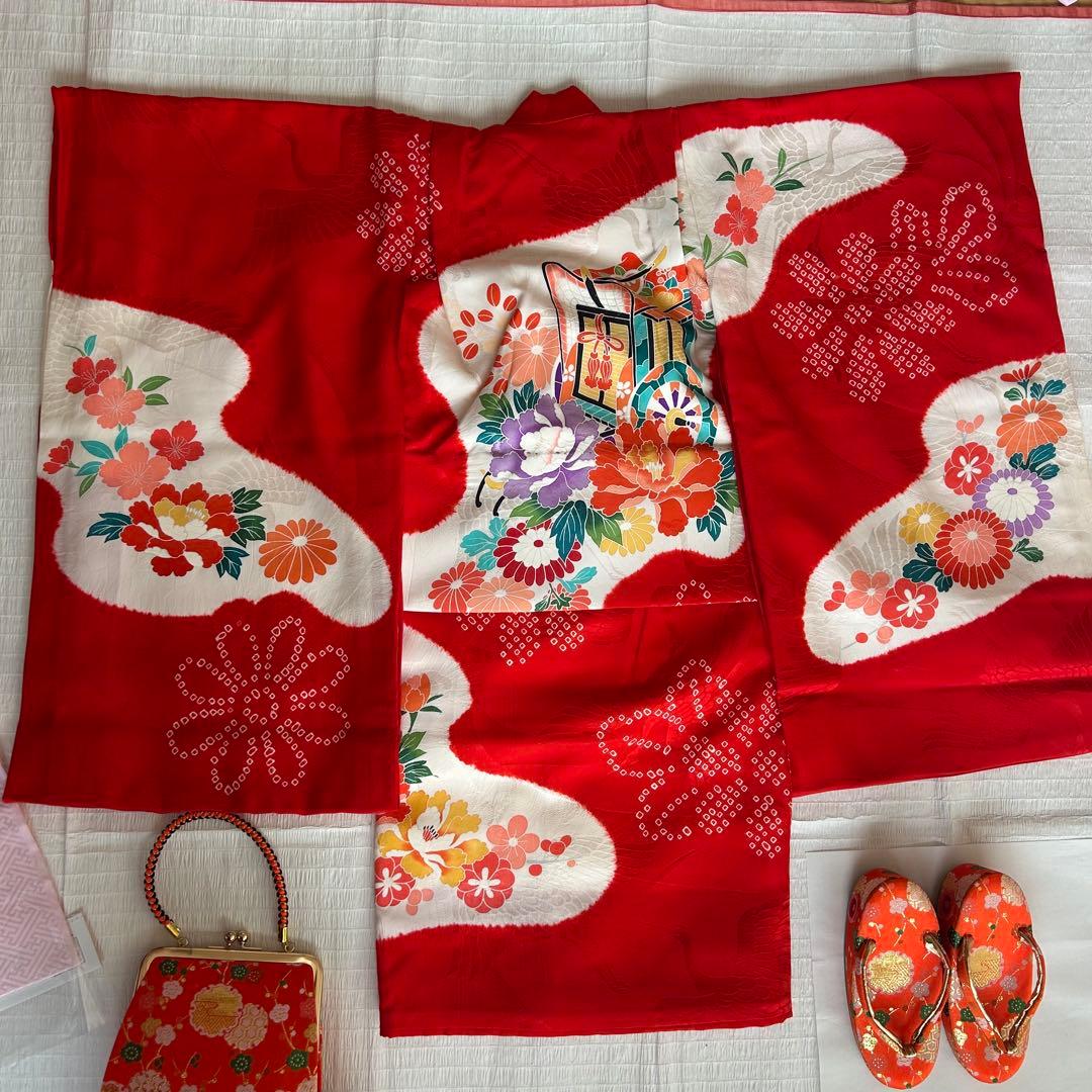 七五三 3歳 総絞り 被布 着物 絹 三歳 赤 草履 753 バッグ 花 レトロ