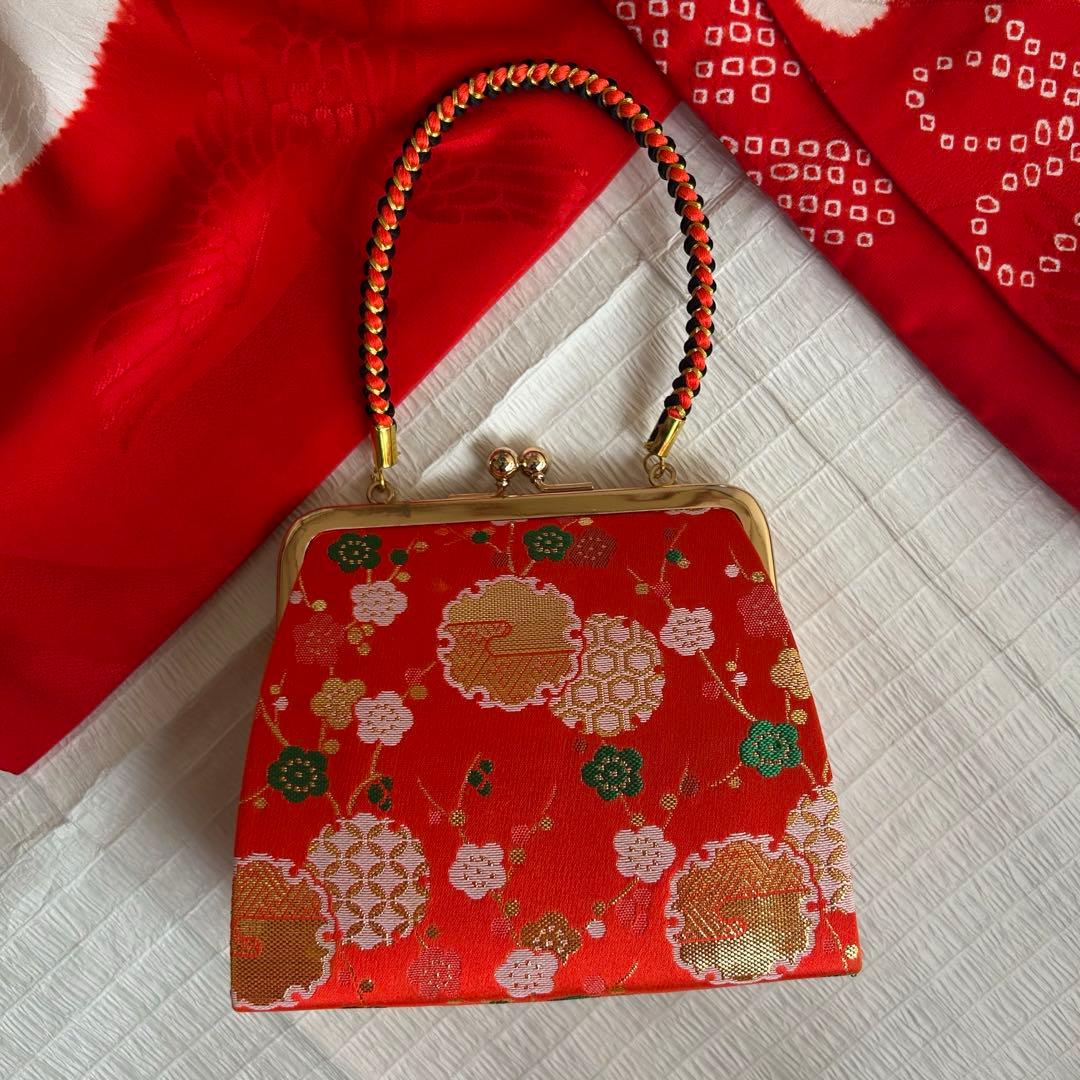 七五三 3歳 総絞り 被布 着物 絹 三歳 赤 草履 753 バッグ 花 レトロ