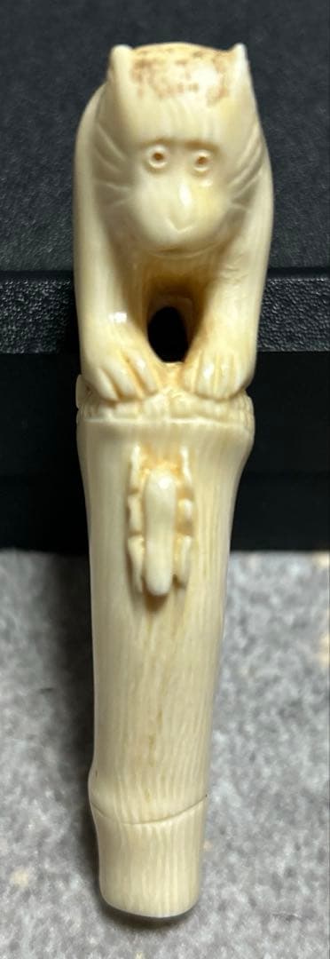 根付 竹の子に止まりバッタを見つめる猿の姿をしている根付 美術