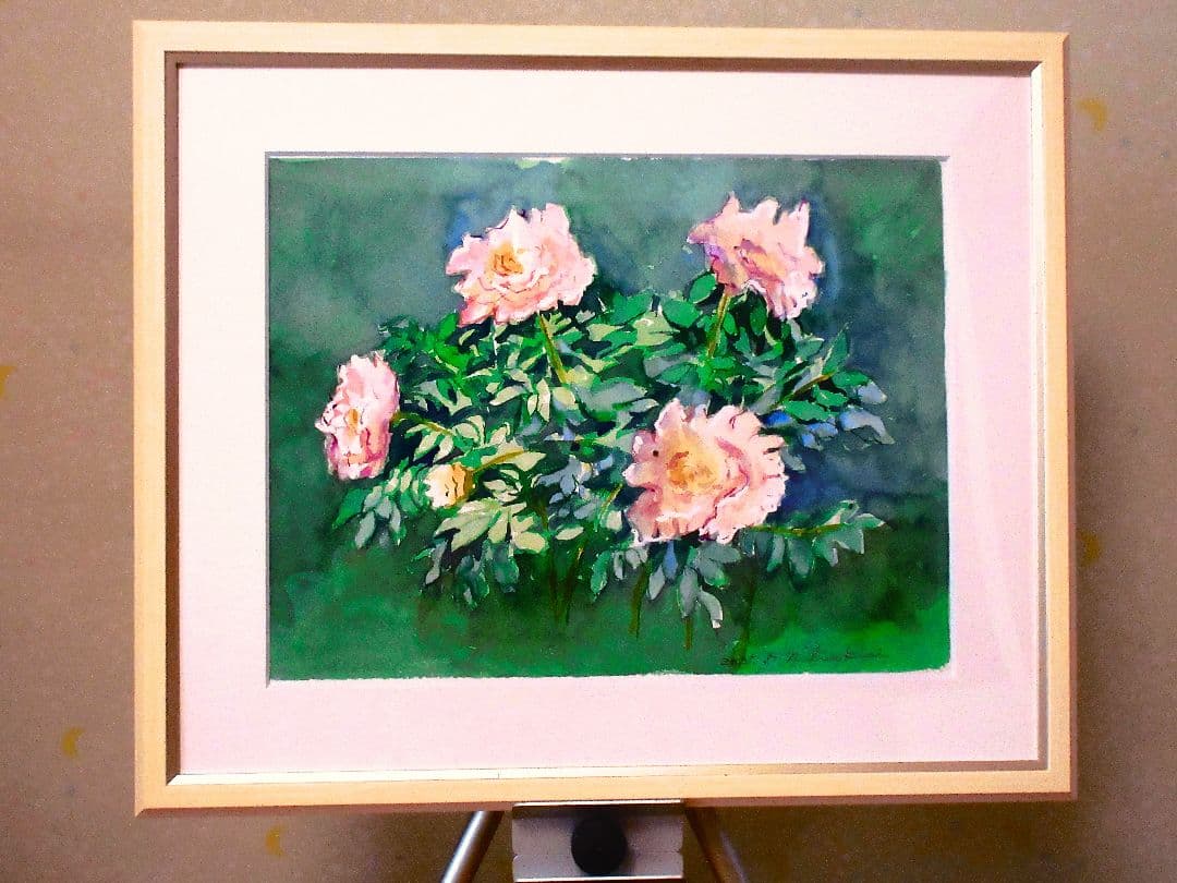 ボタンの花(水彩画 .額縁付き)