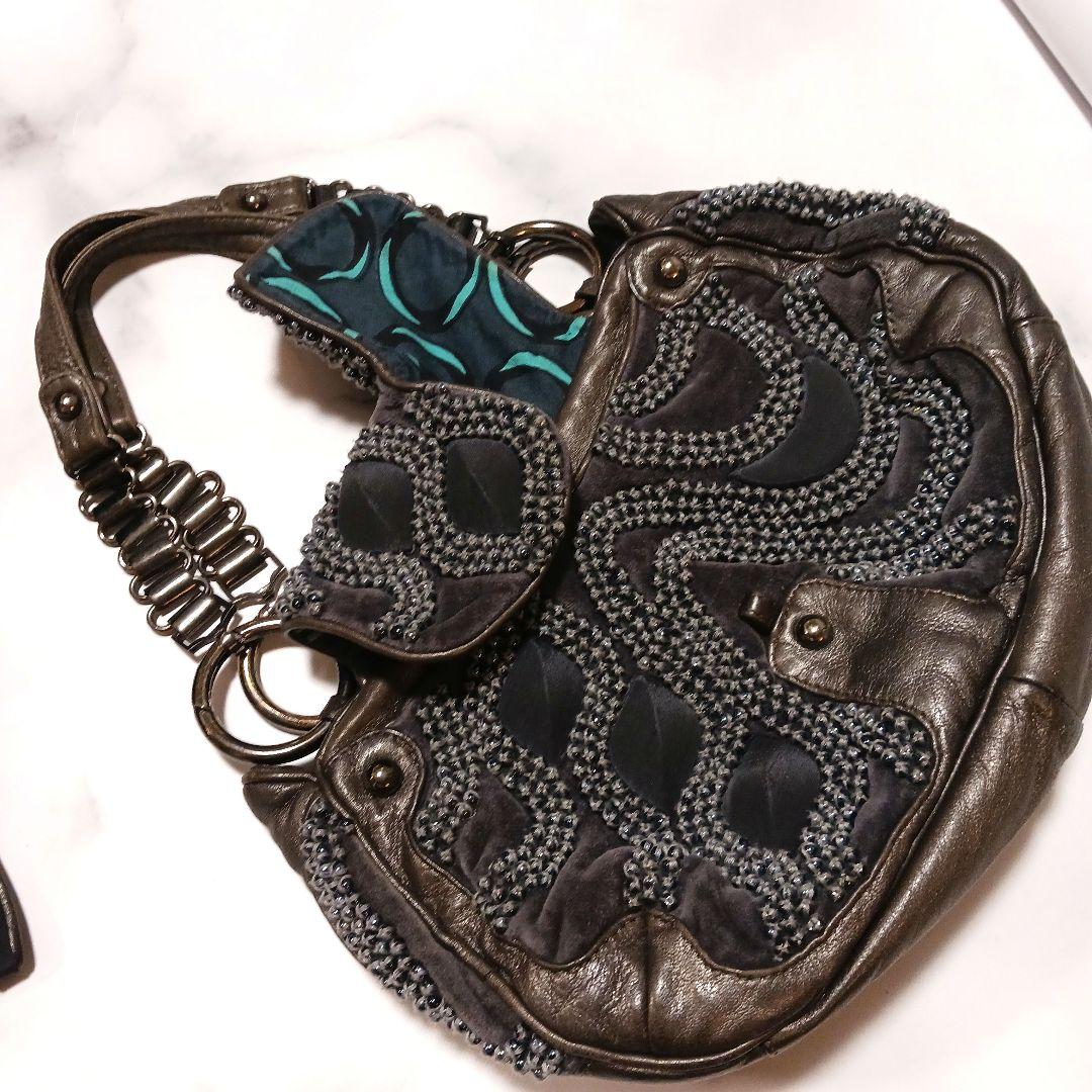 最終値下げ！ジャマンピエッシュビーズ装飾付きグレーショルダーバッグ