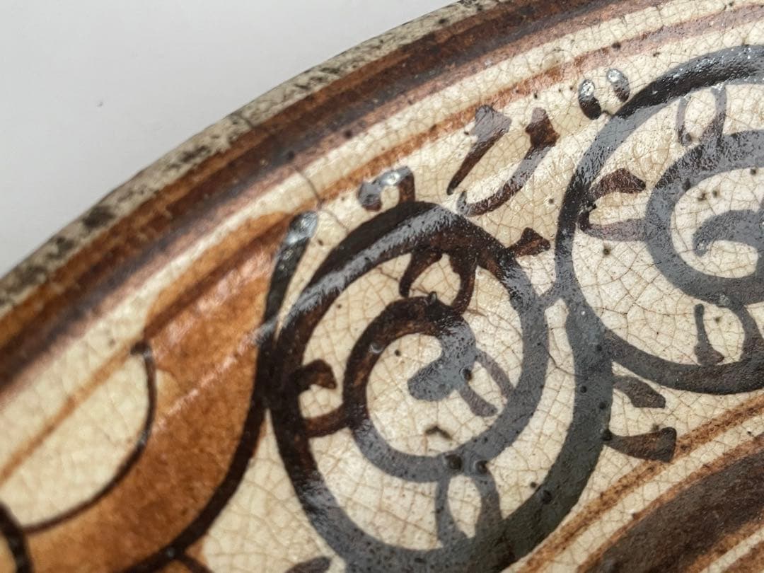 骨董 アンティーク 絵瀬戸 絵志野 鳳凰唐草文様 行燈皿 丸皿 石皿