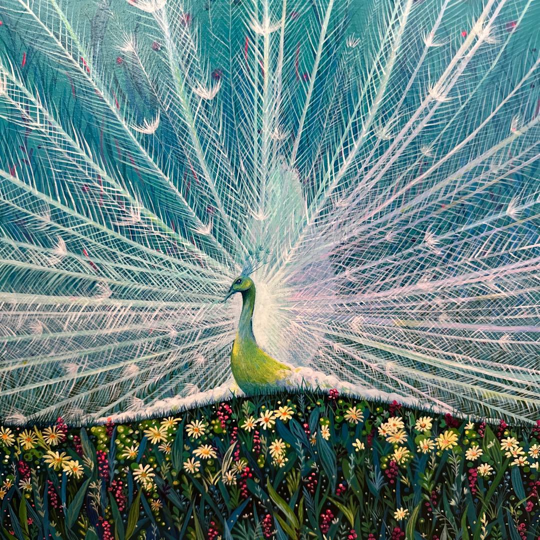 絵画 『色うつる空』 アクリル画 白孔雀 空