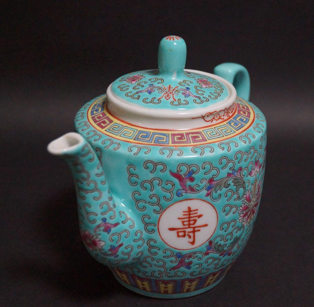 故宮の春 景德鎮 粉彩色絵『蓮唐草紋萬壽無疆』急須 茶壷 茶器★美品★