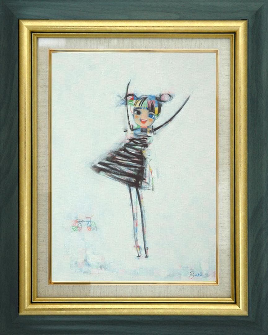 油絵 菅家令子 絵 絵画 インテリア 額付(黒）F4-080815 可愛い女の子