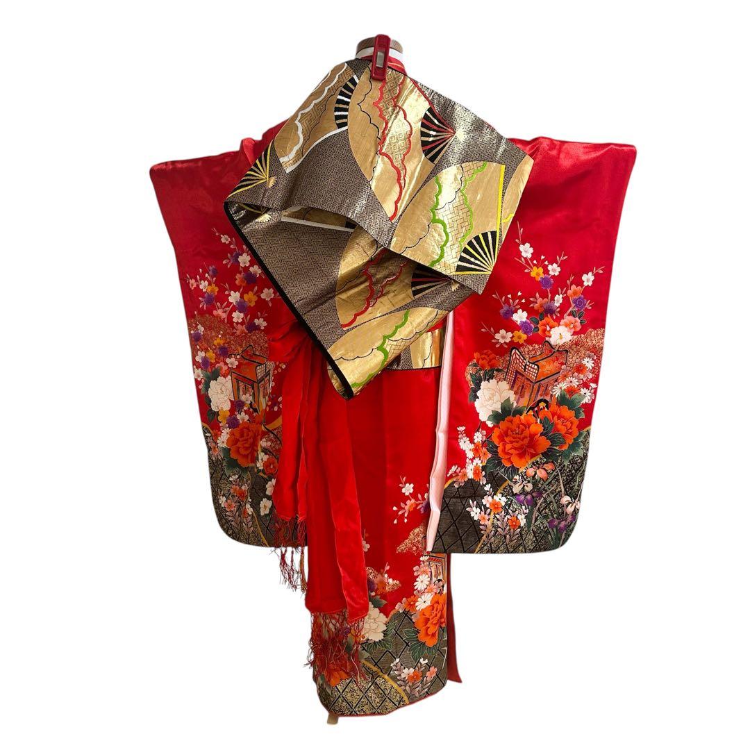 着物　七五三　7歳　女の子　13点　フルセット　赤　御所車　花文　吉祥文様