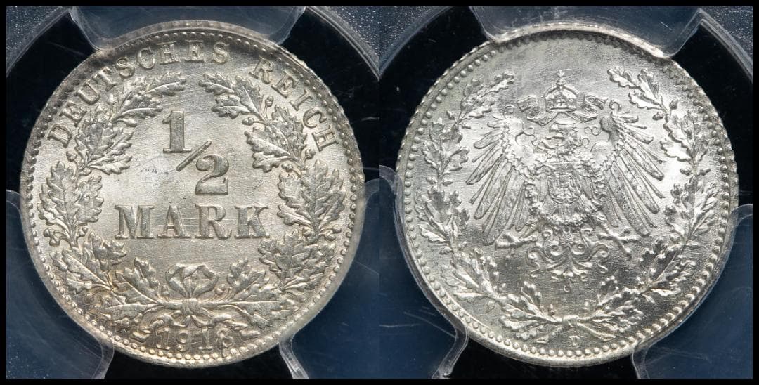 高鑑定　PCGS-MS65　ドイツ帝国　1918/05-D　 1/2M 　銀貨