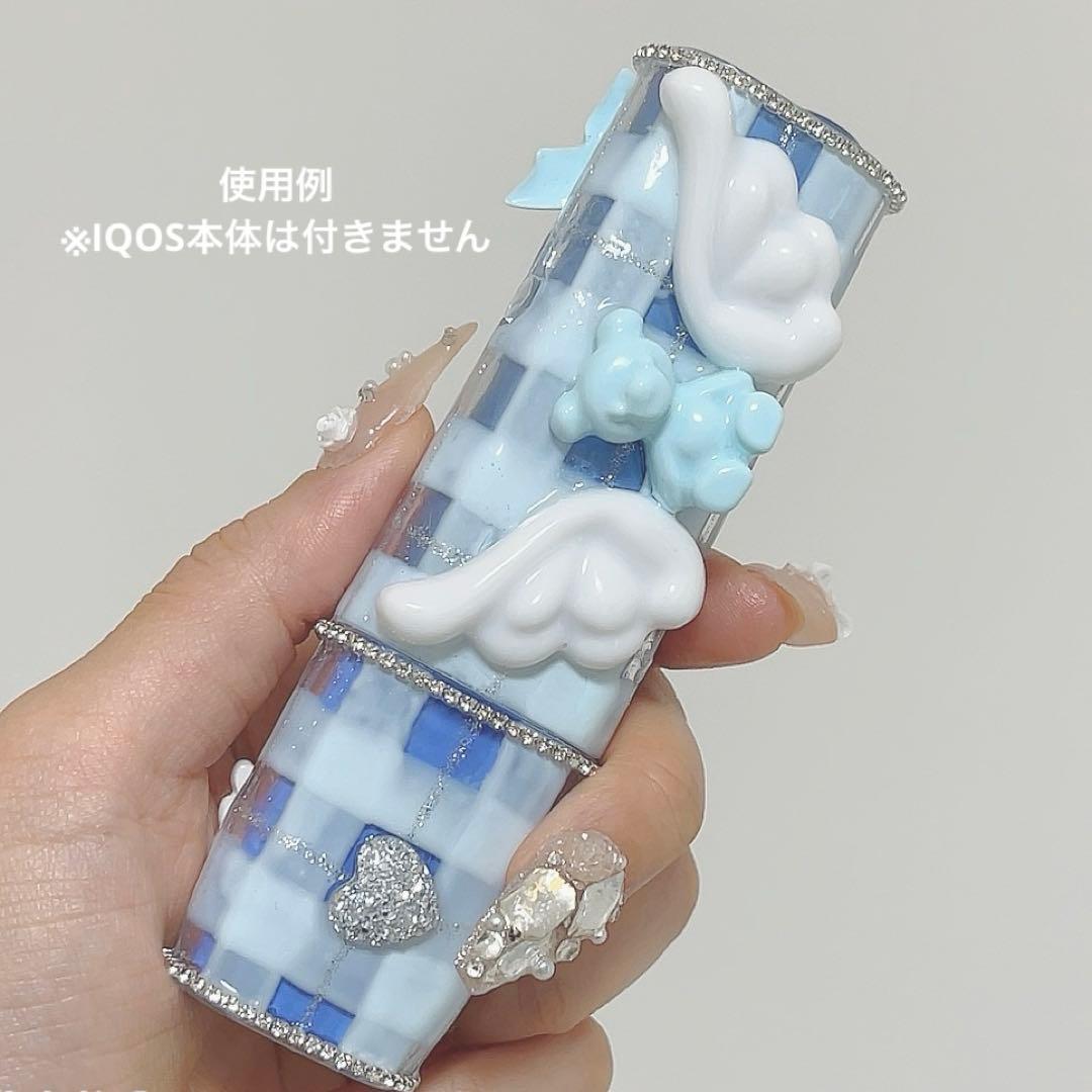 IQOSケースデコ　アイコスイルマケースデコ　水色　チェック柄　夢かわ　天使界隈
