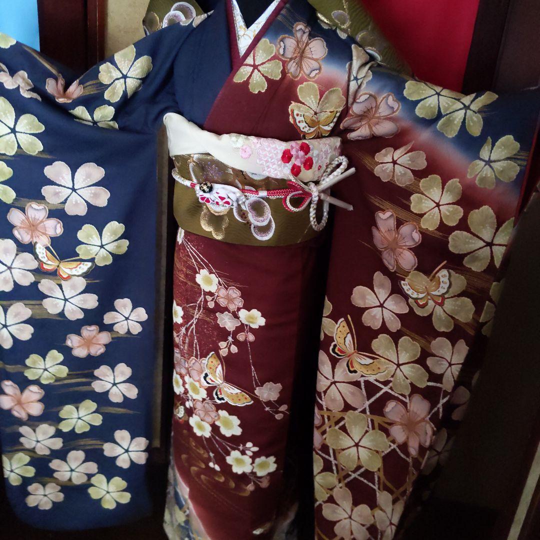 351【華やぎ落ち着き】【桜蝶 紺色×ワイン色】【振袖6点フルセット