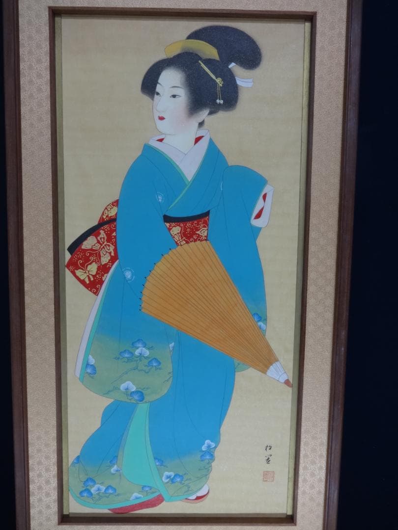 上村松園　舞子 芸者 着物美人・肉筆水彩・大型額装・日本画・ us46r