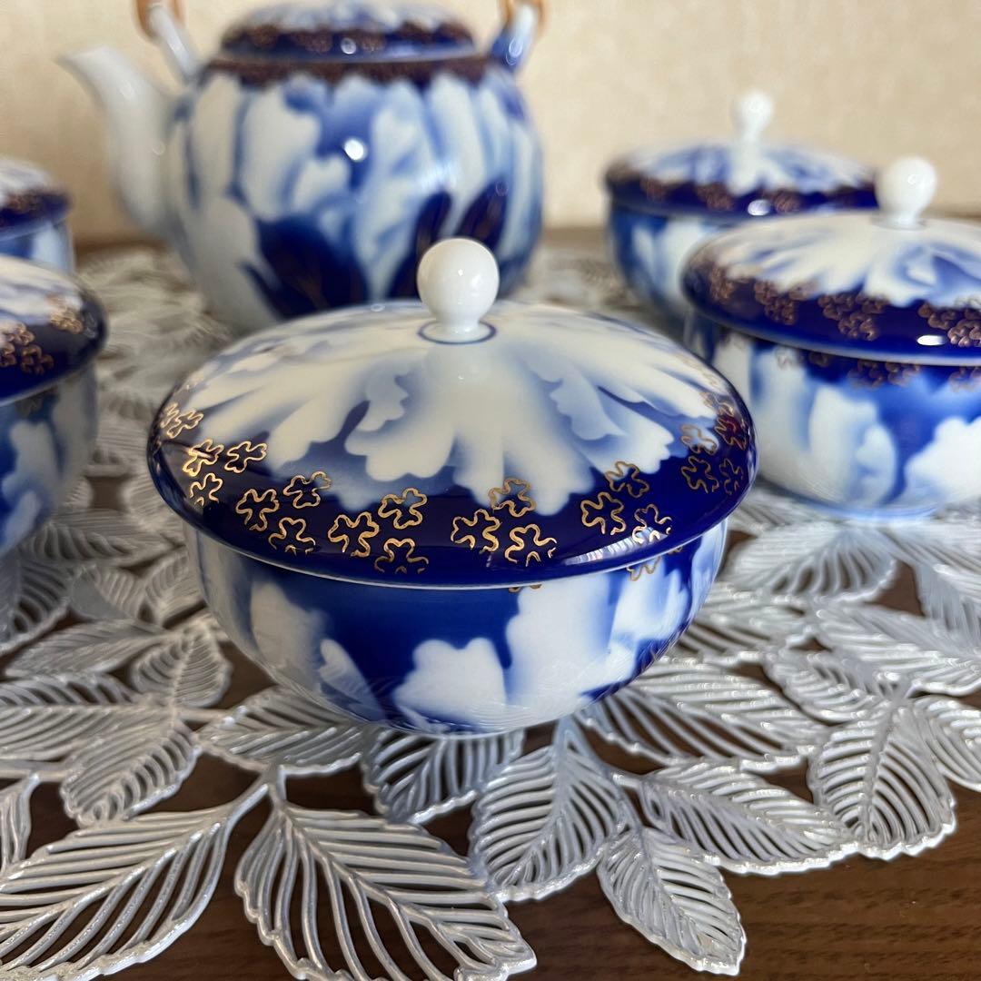 深川製磁牡丹金ミル蓋付き湯呑み5客 箱付