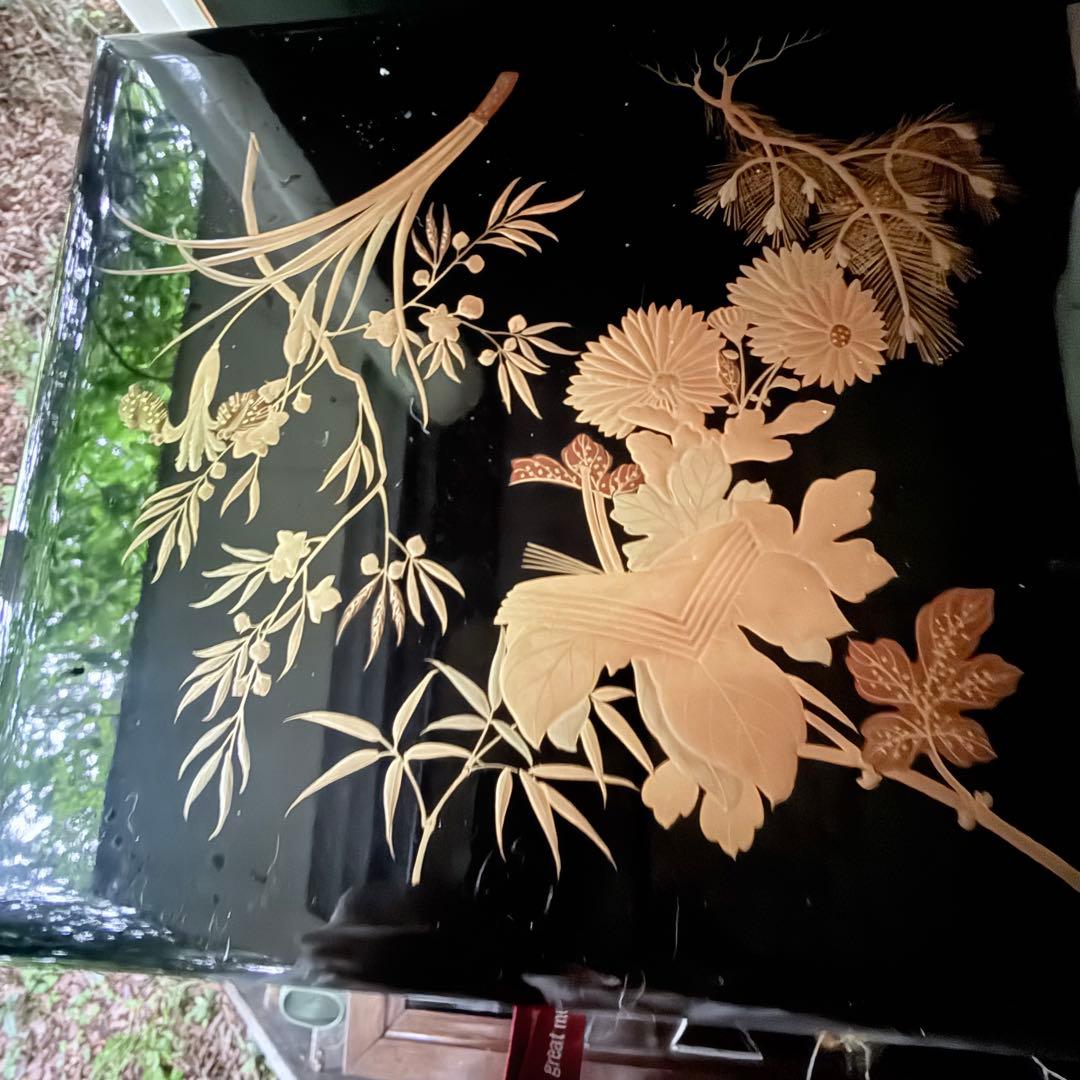 2201様感謝‼️JAPAN研ぎ出し高蒔蒔絵四君子華づくし五段重箱二枚蓋真塗桐箱入