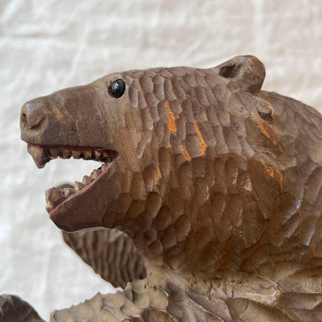 ビンテージ 木彫り 熊 ダークブラウン ガラス目 作家 アンティーク