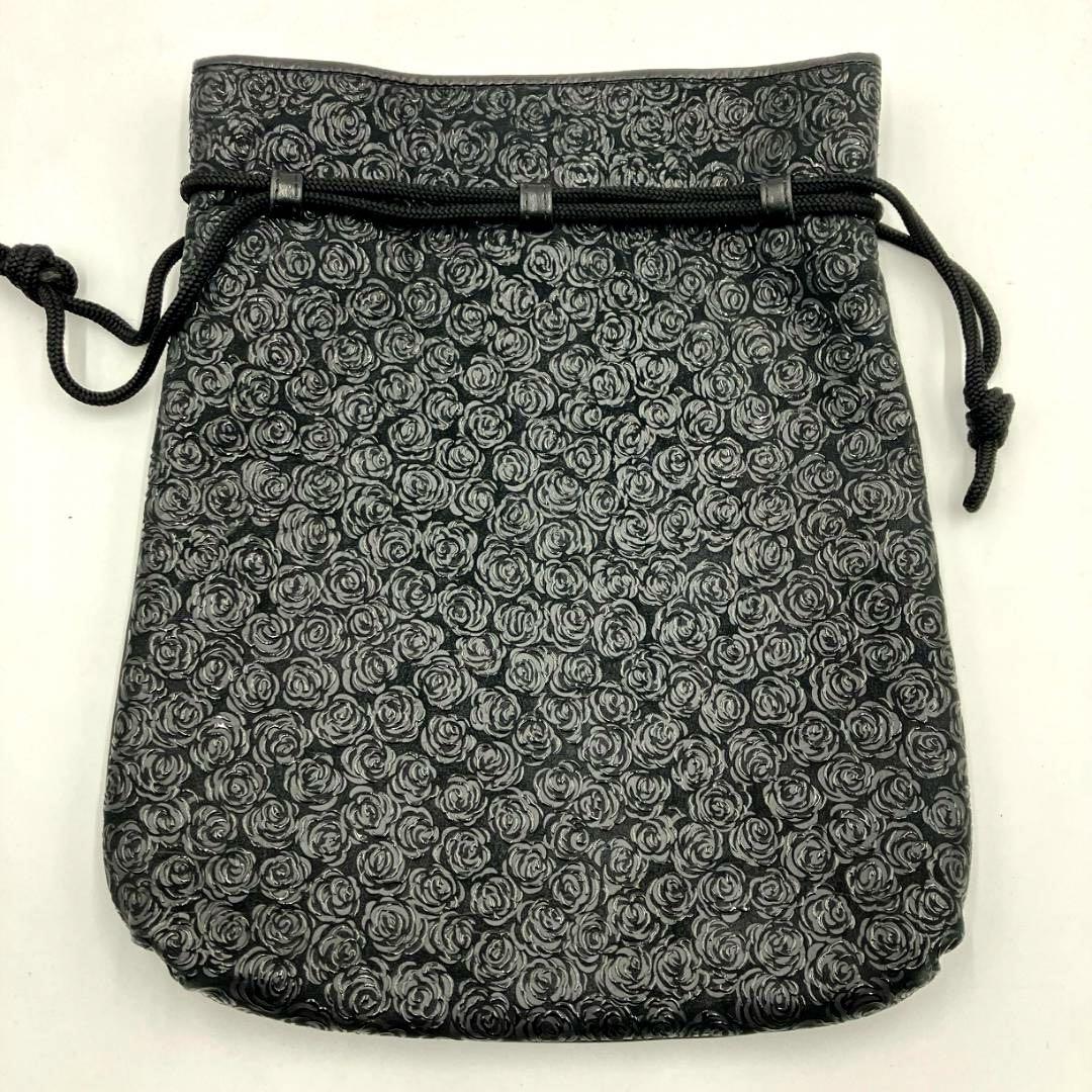 【千恵子】印傳屋 ローズ柄 花柄 巾着バッグ 鹿革 ディアスキン 黒