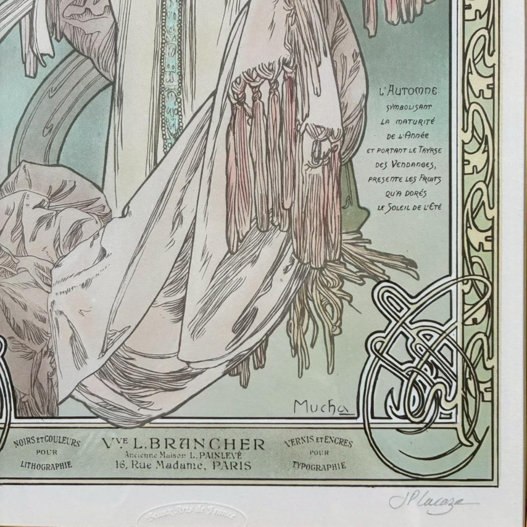 美品 アルフォンス・ミュシャ「四季・秋」リトグラフ 摺師サイン入り