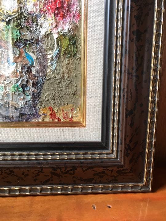 【真筆】渡部ひでき作　油絵『薔薇』 油彩　厚塗り画の迫力　額縁付　静物画　送料込