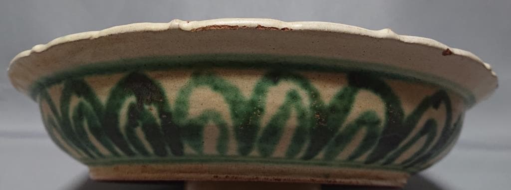 コレクター収集 ミャンマー 白濁緑釉 絵草花文 輪花大皿 15～16世紀