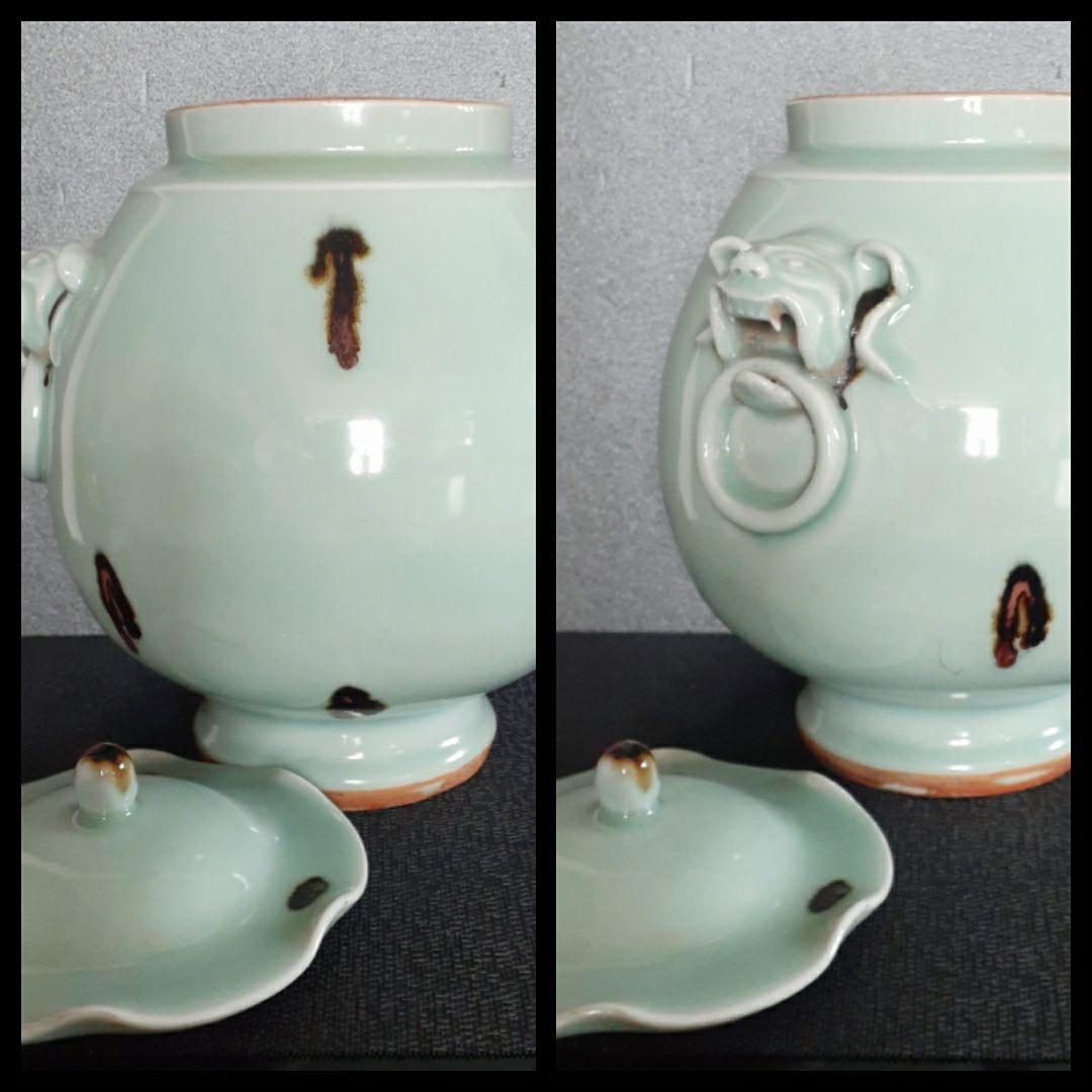 中国古美術 中国古陶磁器 古玩 中華民国期頃【飛び青磁】蓋付 水