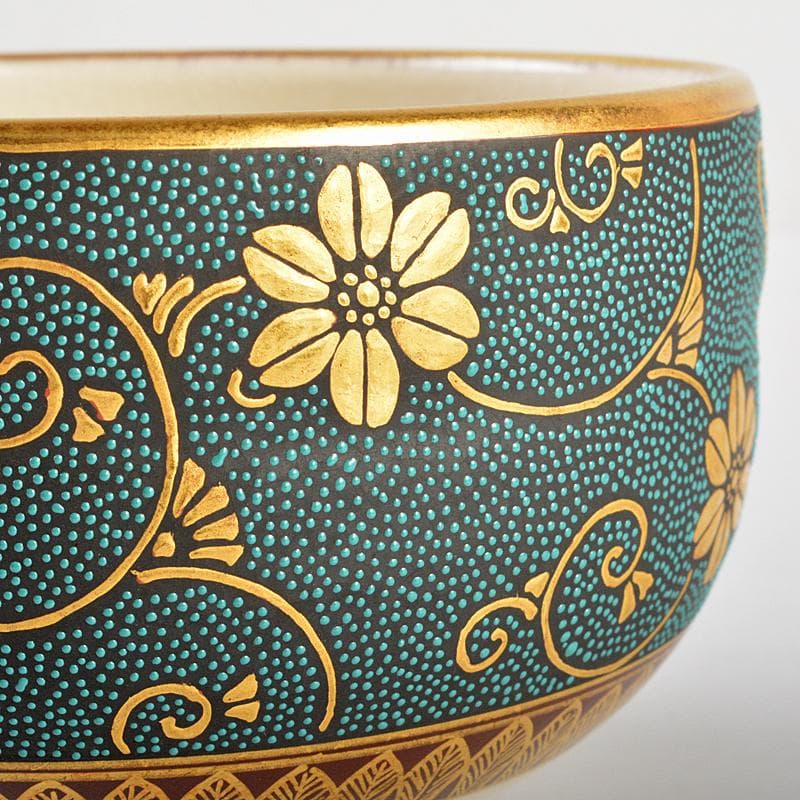 茶道具　九谷焼　錦苑窯　中田武雄作　青粒　鉄仙文　茶碗　共布共箱　C　R5704